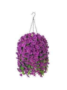 Artificial Morning Glory Hanging Basket Purple Faux Flowers Outdoor Indoor Decor